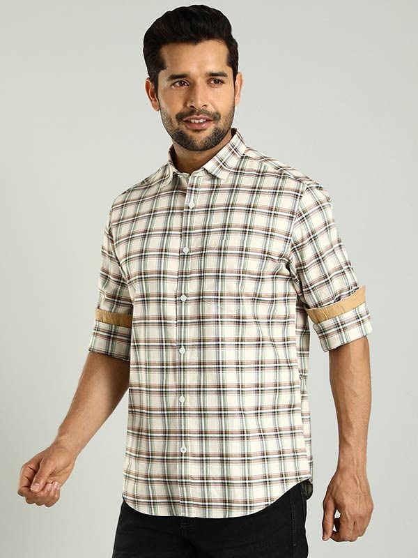 Indian Terrain Men's Regular Fit Full Sleeve Checkered Beige Shirt